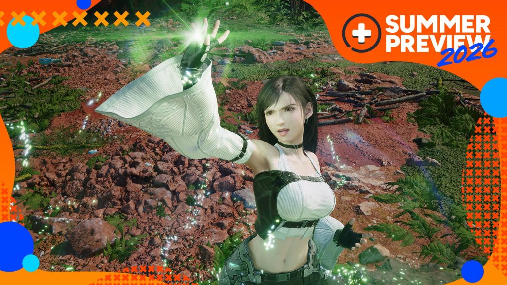 Tifa where's a mage-like outfit as her hand glows green in Final Fantasy 7 Revelation, with the orange GamesRadar+ Summer Preview 2026 frame