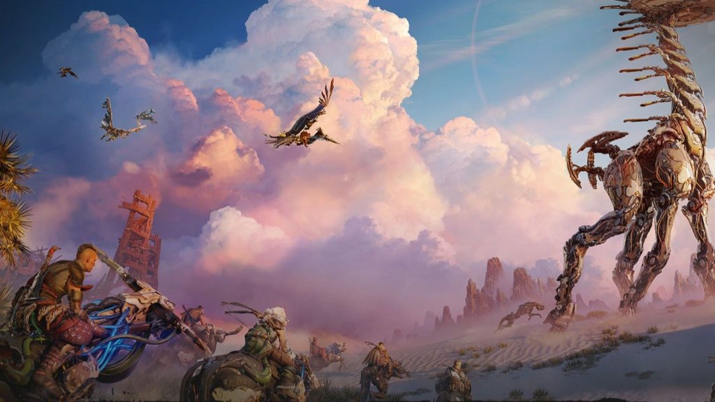 Screenshot from Horizon Steel Frontiers of a group of people riding mechanical beasts towards a larger beast.