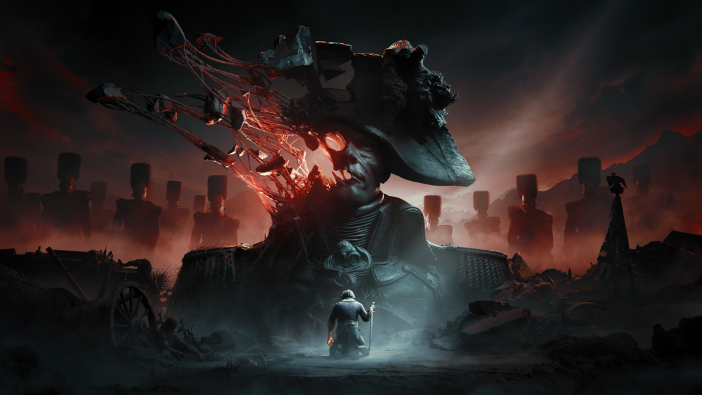 Key art for Valor Mortis shows a man kneeling before a large bust of Napoleon
