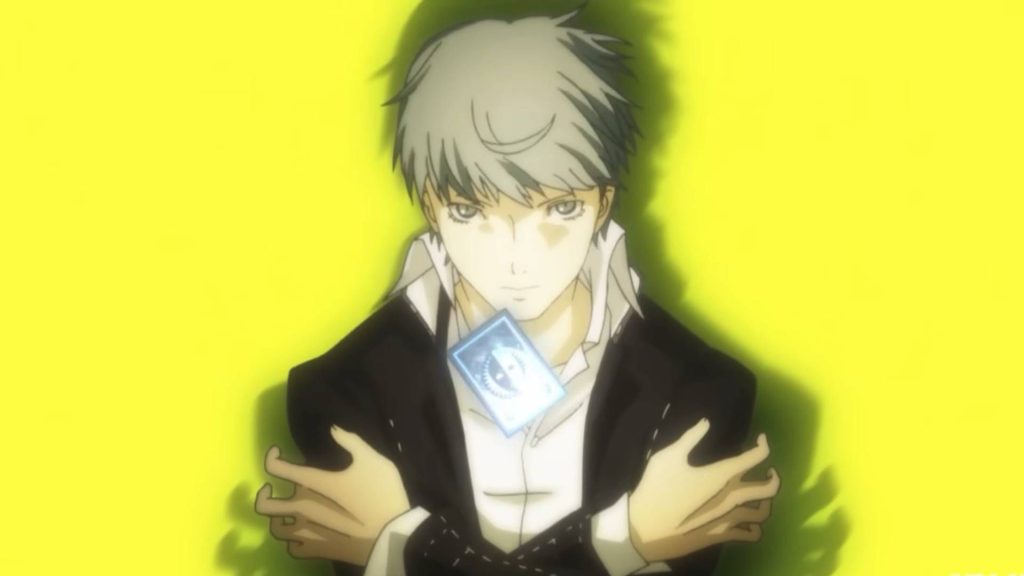 Persona 4 opening movie screenshot shows protagonist Yu with a card floating in front of him.