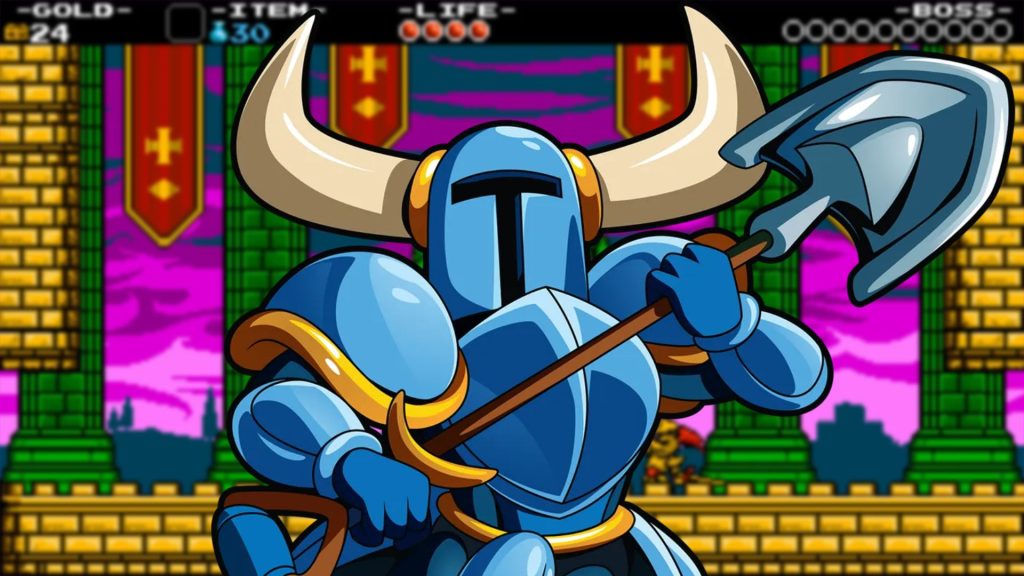 A composite image of the main character of Shovel Knight and a screenshot of a level in the background.