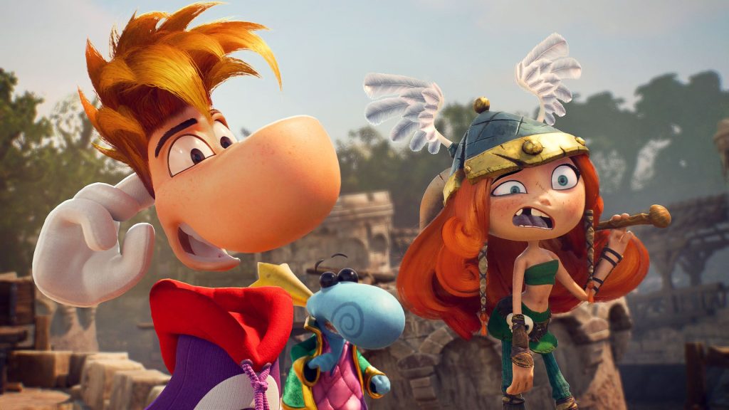 Rayman, Barbara, and Grand Minimus appear perplexed in one of Rayman Legends Retold's new cutscenes