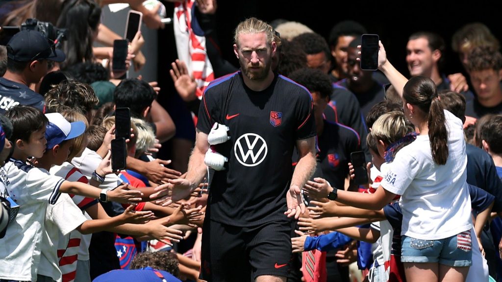 Captain Tim Ream leads the United States team onto the field in front of 5,500 fans during an open practice ahead of the 2026 World Cup