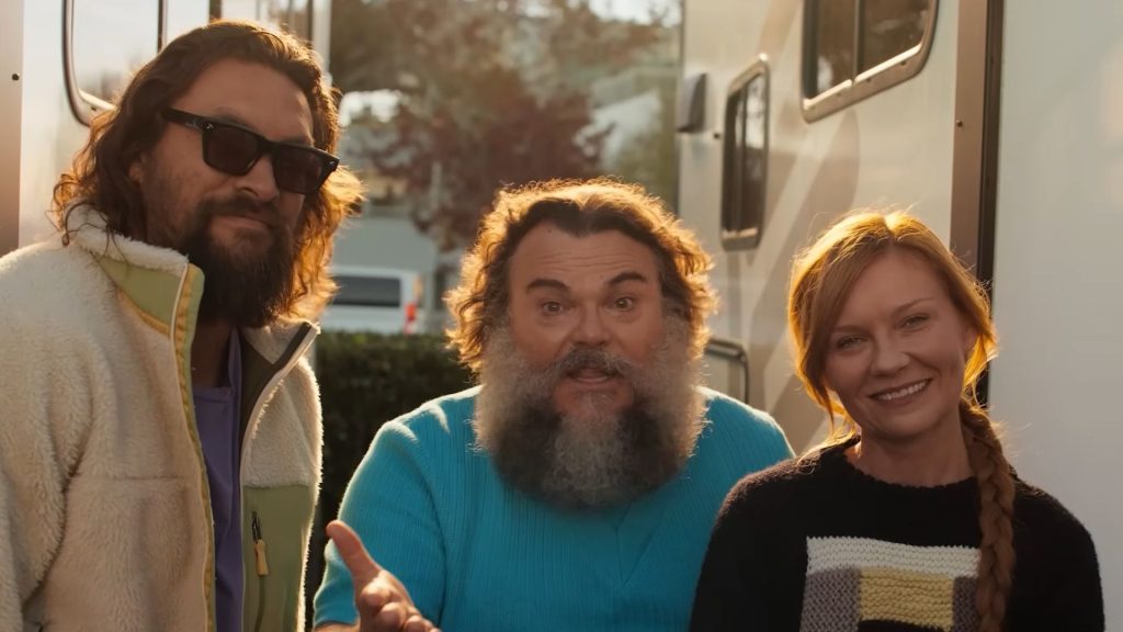 Jason Momoa, Jack Black, and Kirsten Dunst on set of A Minecraft Movie Squared