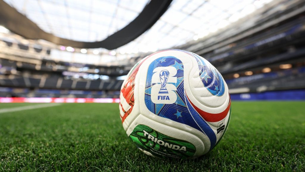General view of the Adidas Trionda, official match ball of the FIFA World Cup 2026 at SoFi Stadium