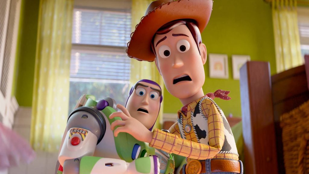 Buzz and Woody look scared in Toy Story 5