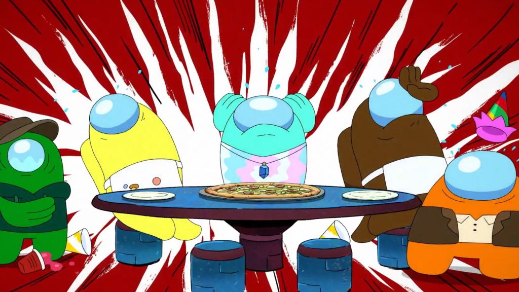 Green, Yellow, Cyan, Brown, and Orange in the Among Us TV show trailer