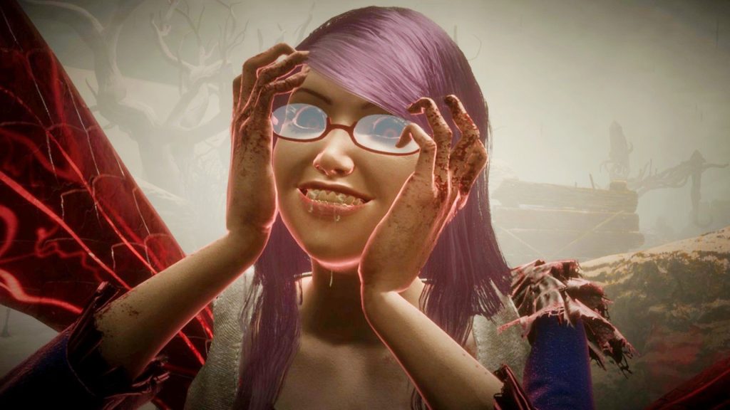 Rize, one of the DBD killers, puts her hands to her face and smiles with glee after killing a survivor with a mori.