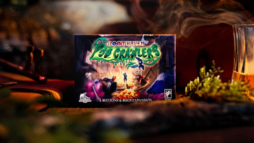 The Buttons &amp; Bugs: Pub Crawlers box amidst lichen and a smoking cup