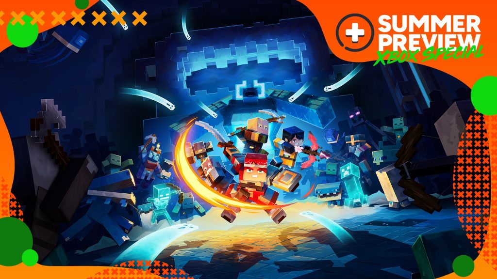 Minecraft Dungeons 2 keyart showing four adventurers heading into the deep depths, with Summer Preview branding from Gamesradar in the top corner