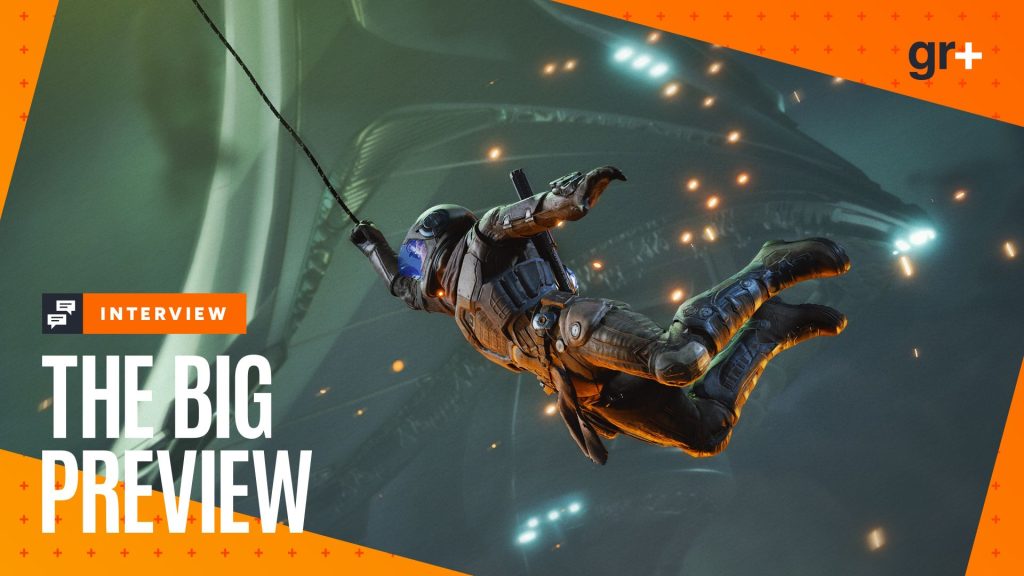 Exodus screenshot of Jun zipping along in the air with Big Preview branding