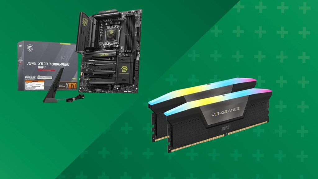 An MSI MAG Tomahawk motherboard and Corsair Vengeance DDR5 RAM on a separated Green background